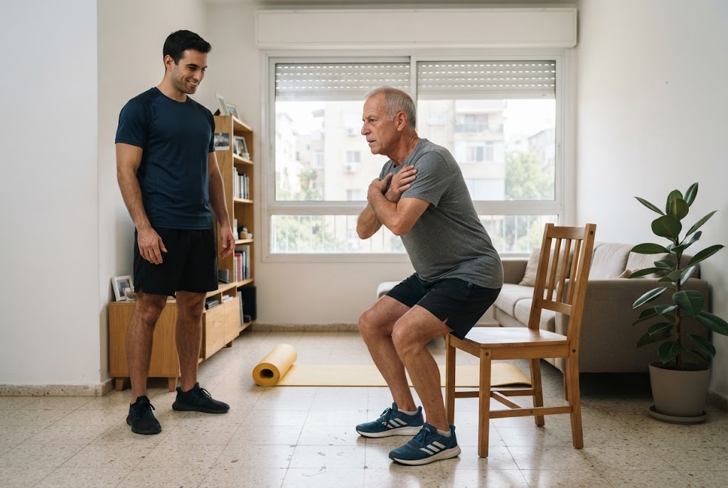 גבר מבוגר קם מכיסא עם ידיים משולבות על החזה, ומאמן עומד לידו ומחייך